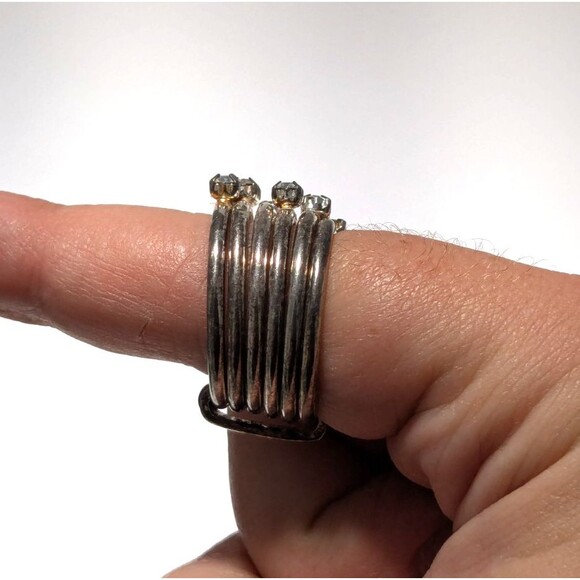 Vintage Sterling Silver 6 Ring Connected Stack w/ Clear Rhinestones Size 7 - Picture 3 of 5